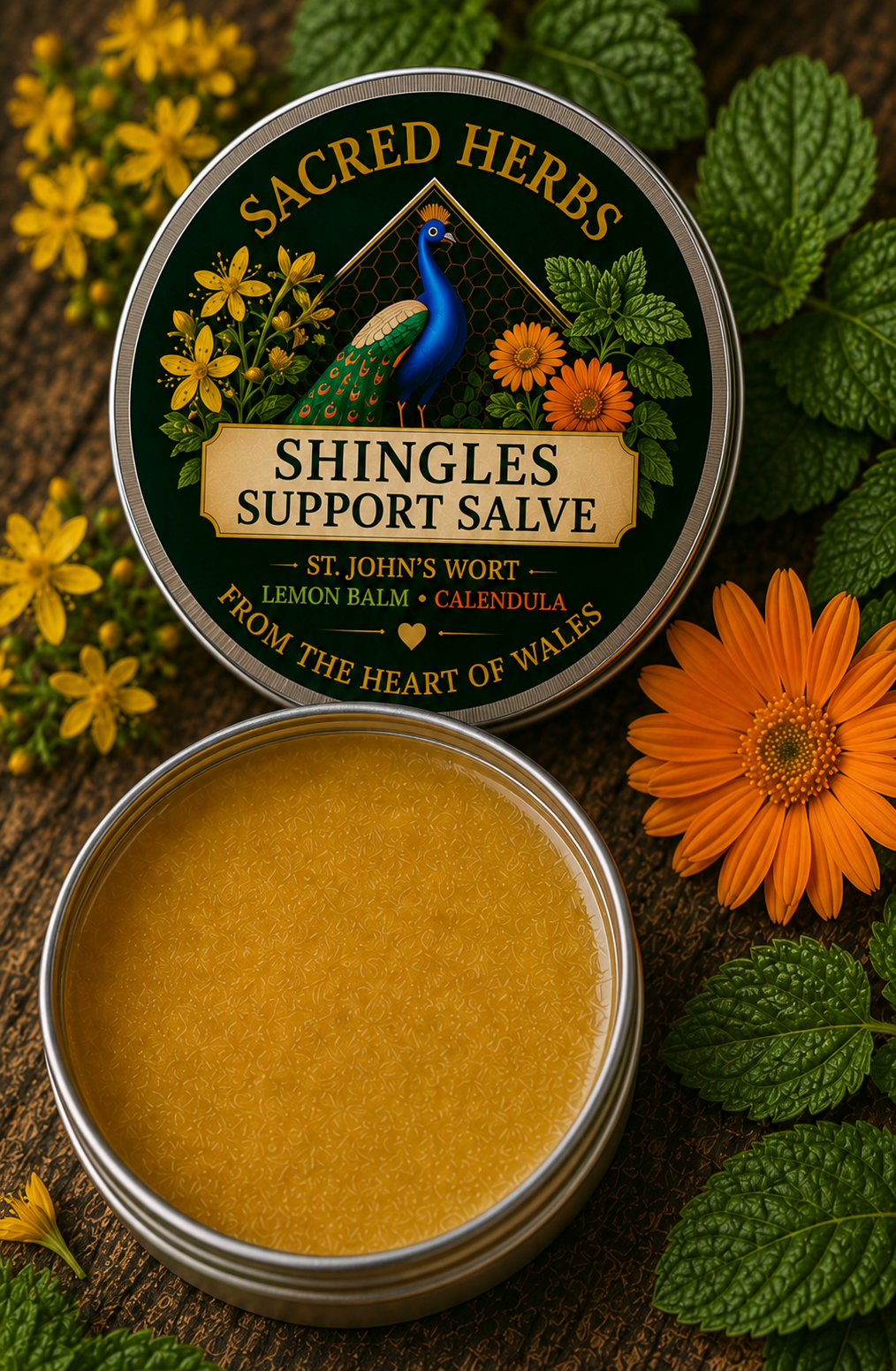 St John's Wort, Lemon Balm & Calendula Salve natural herbal salve in a 50ml tin, handcrafted in Wales, UK