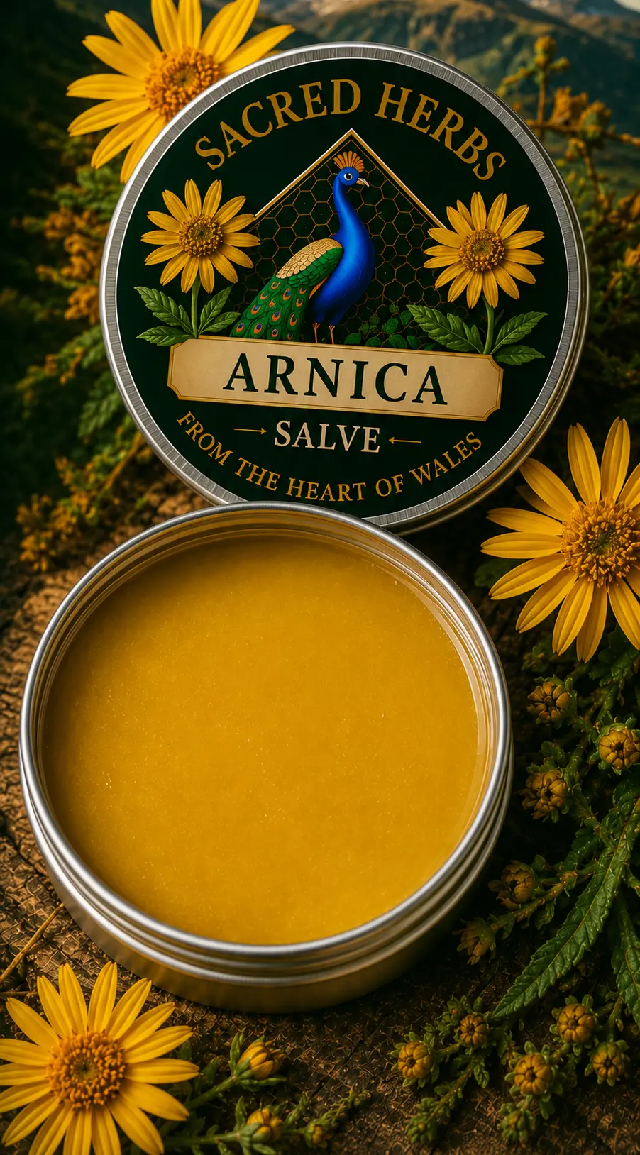 Arnica Salve natural herbal salve in a 50ml tin, handcrafted in Wales, UK
