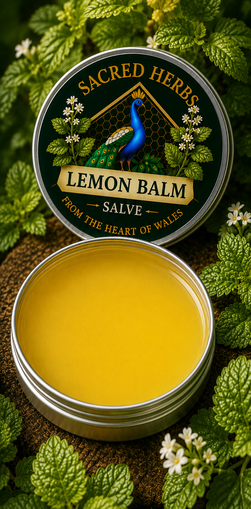 Lemon Balm Salve natural herbal salve in a 50ml tin, handcrafted in Wales, UK
