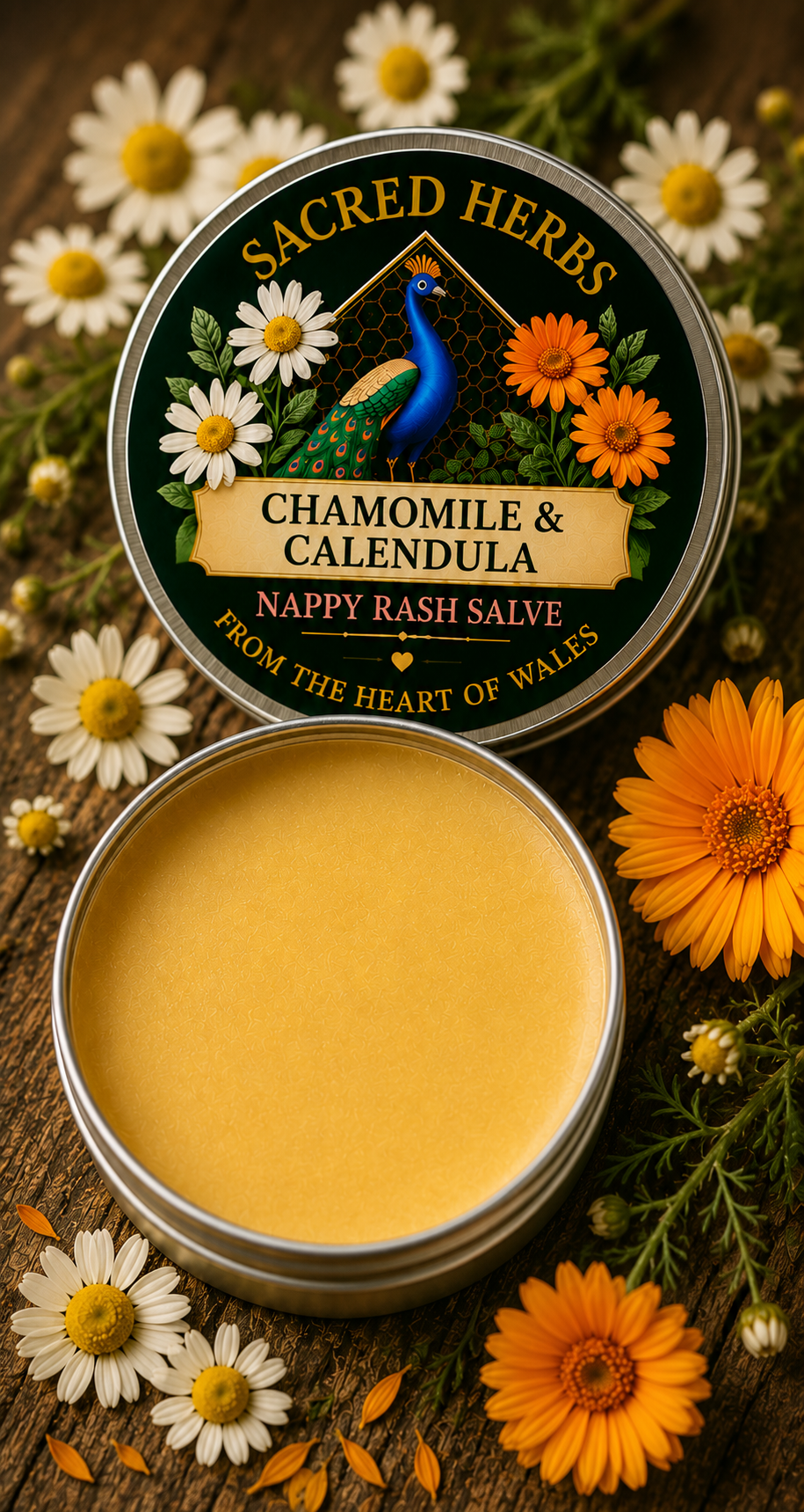 Chamomile & Calendula Baby Salve natural herbal salve in a 50ml tin, handcrafted in Wales, UK