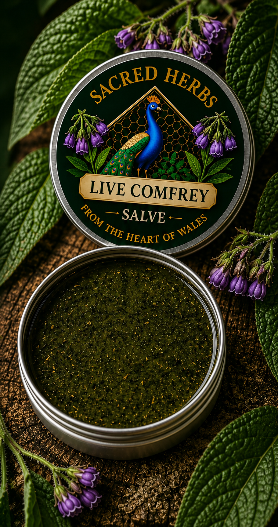 Live Comfrey Salve natural herbal salve in a 50ml tin, handcrafted in Wales, UK