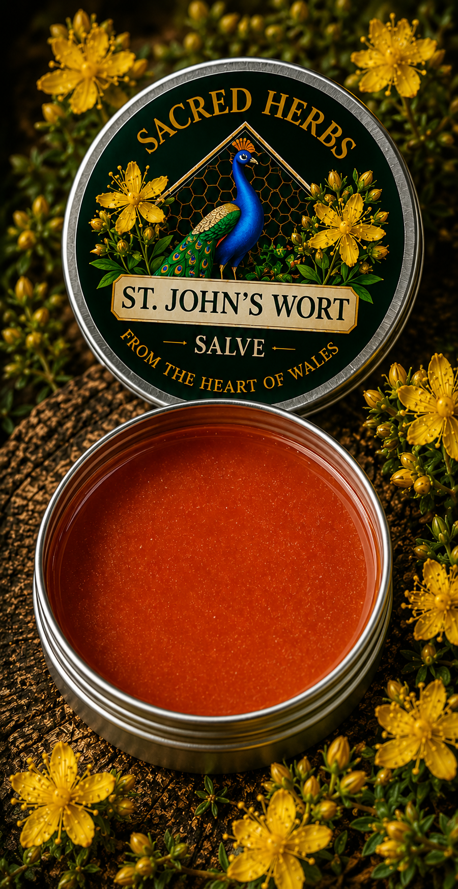 St. John's Wort Salve natural herbal salve in a 50ml tin, handcrafted in Wales, UK