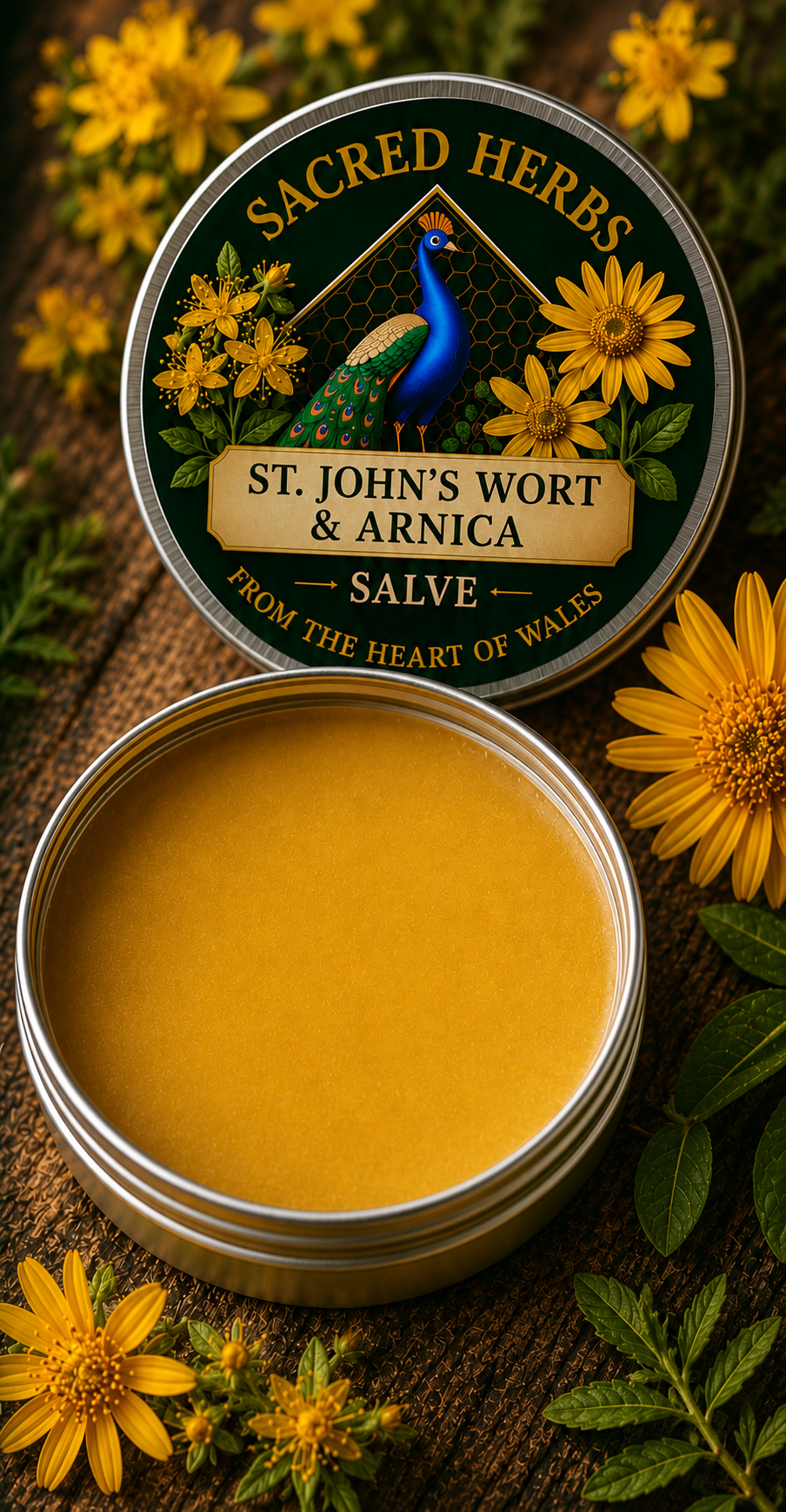 St. John's Wort & Arnica Salve natural herbal salve in a 50ml tin, handcrafted in Wales, UK