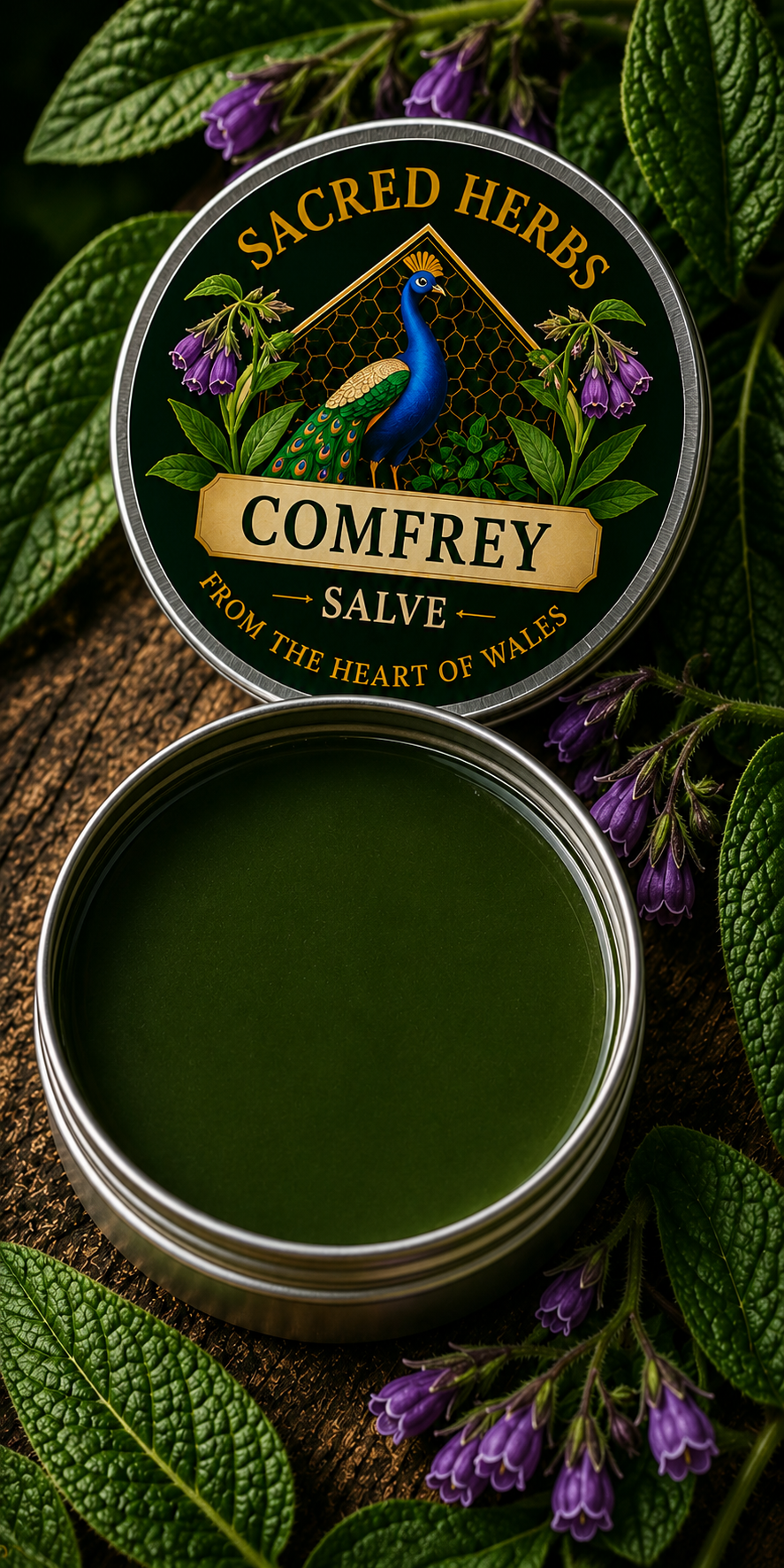 Comfrey Salve natural herbal salve in a 50ml tin, handcrafted in Wales, UK