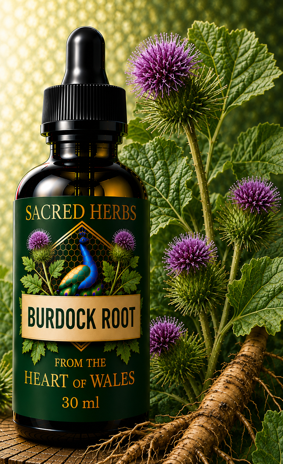 Burdock Root Tincture handcrafted herbal tincture, wild-harvested and made in Wales, UK