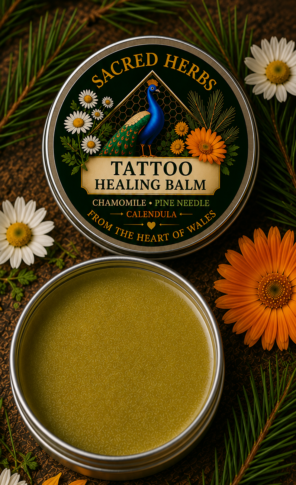 Tattoo Healing Balm natural herbal salve in a 50ml tin, handcrafted in Wales, UK